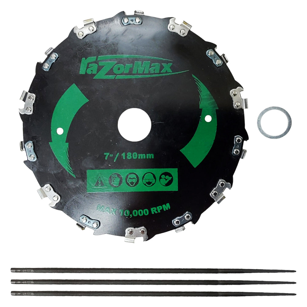 7" Razor Max Brush Cutter Blade 1" Arbor For Trimmers With 20mm Adapter and 3 Sharpening Files 3/16"