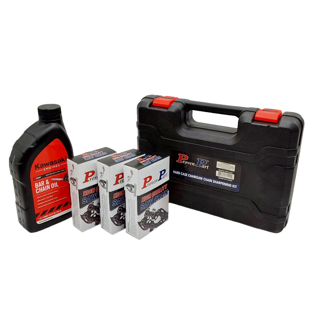 Proven Part (3) Semi Chisel Chain 1/4" Pitch .043" Gauge 72DL Fits Stihl 3670 005 0072 (1) Qt Oil (1) Hardbox Tool Kit