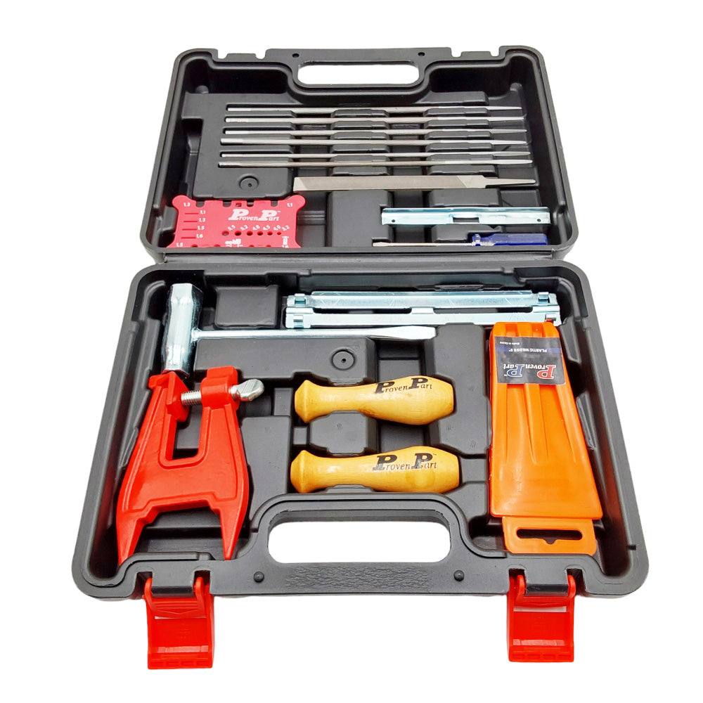 Proven Part 3-14" Full Chisel Chain 3/8" LP .043" G 50DL, 1 Qt Chain Oil, Files Wedge Vise Scrench