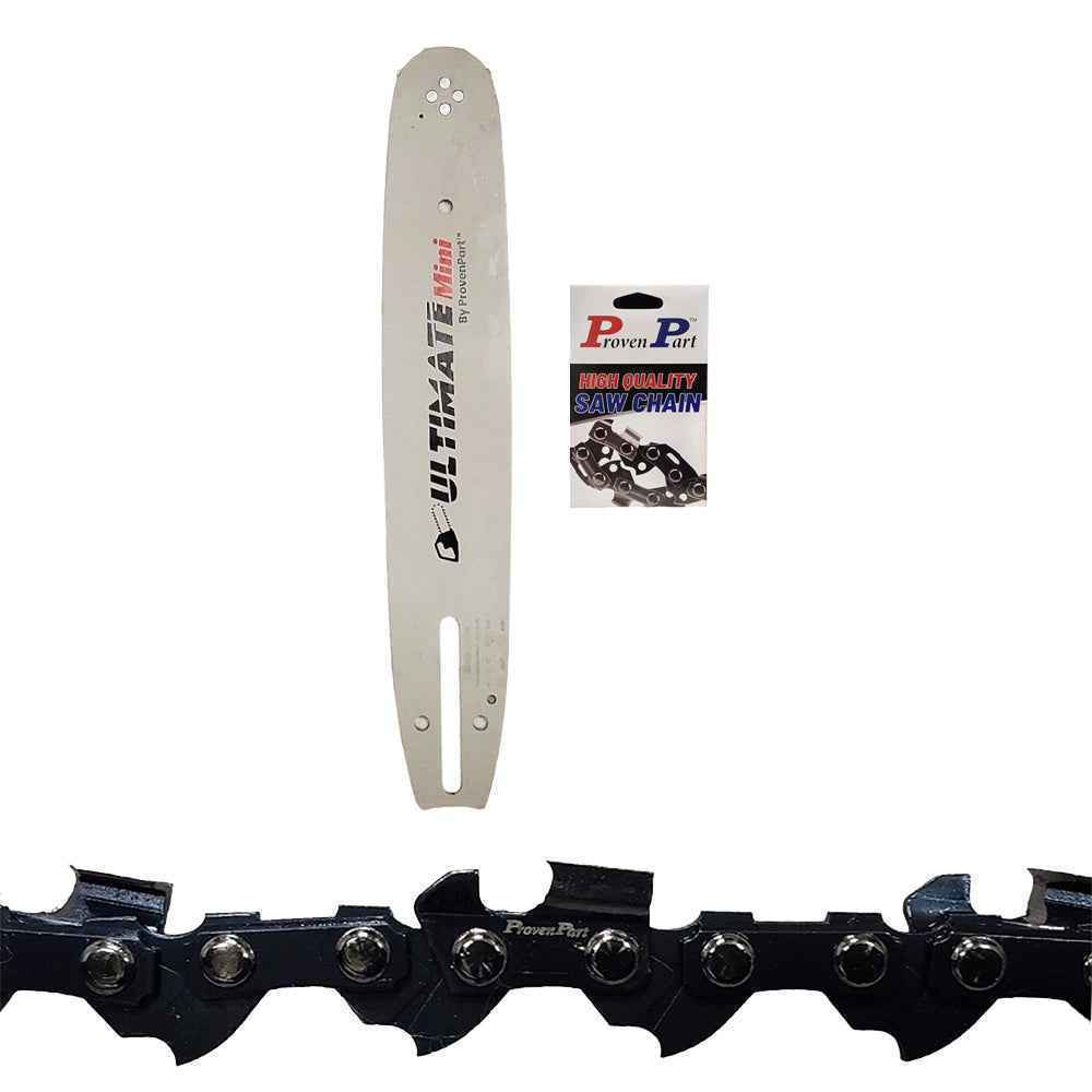 Chainsaw guide bar and chain set, silver bar with mounting holes and black cutter links