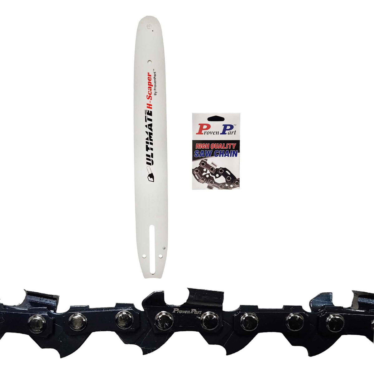 Chainsaw guide bar and cutting chain set with sprocket, silver bar and black chain