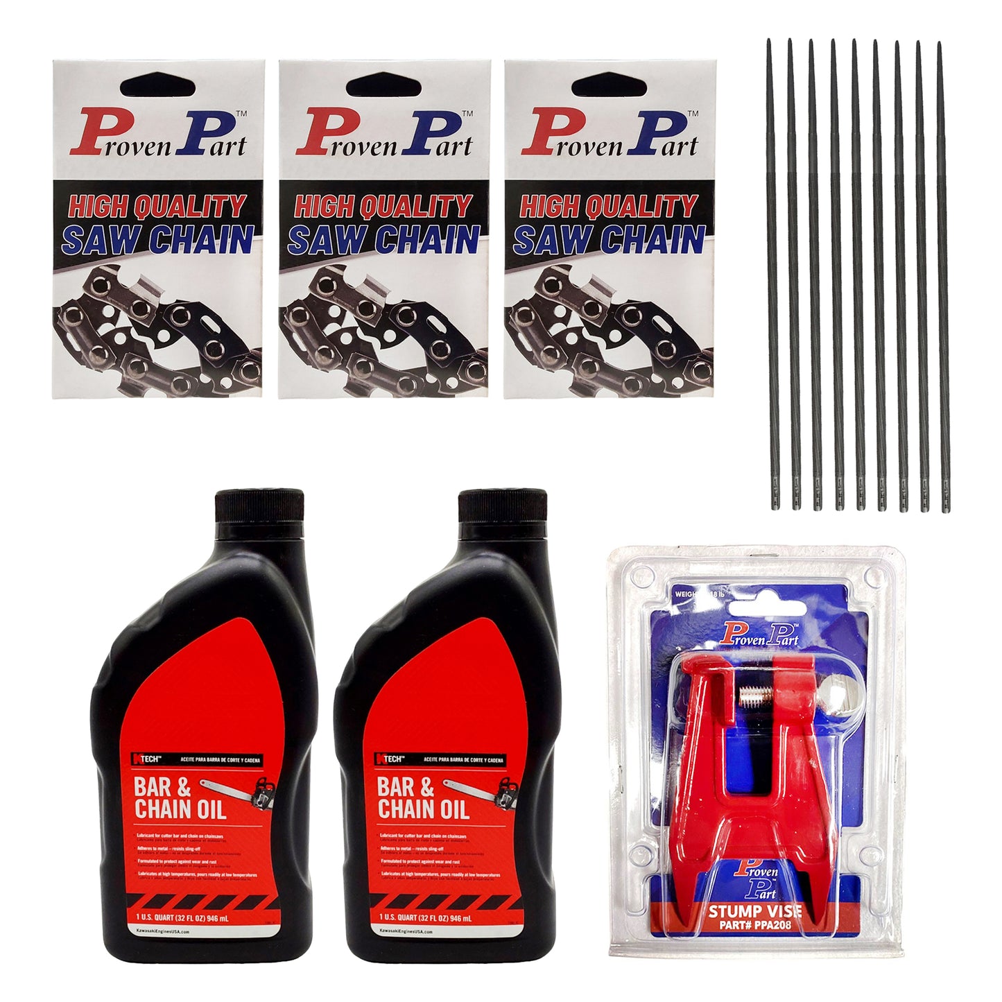 Proven Part (3) 20" Full Skip Chain For 20" Bar 3/8" Pitch .050" Gauge 70DL Fits Oregon 72EXJ070G (2) Qt Oil (1) Stump Vise (9) Files