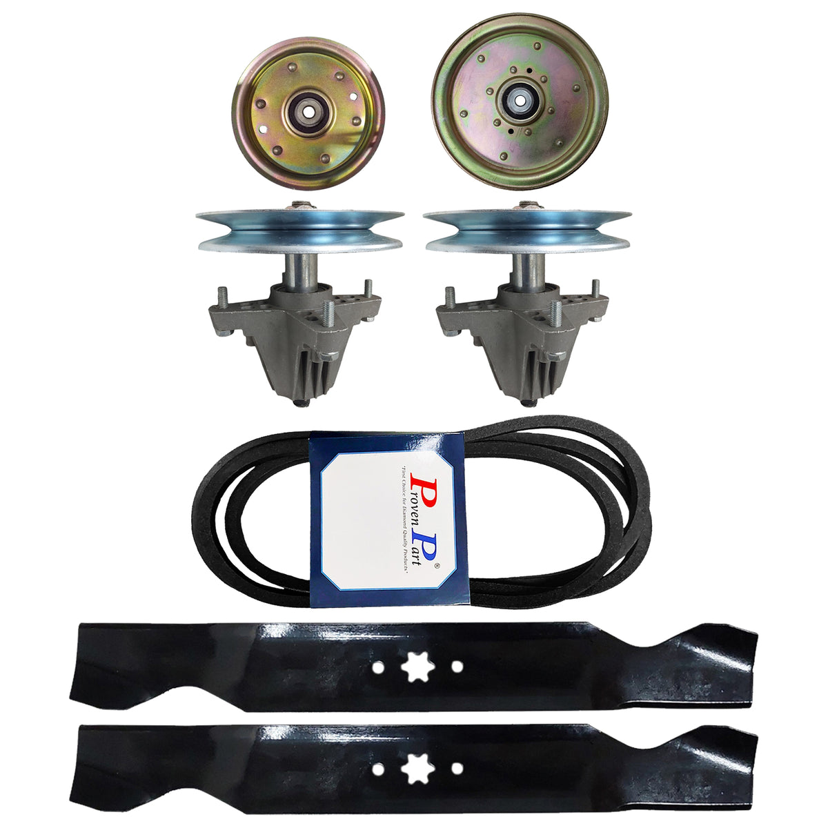 Zero-turn mower deck rebuild kit with two pulleys and black drive belts