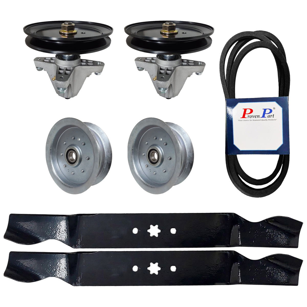Lawn mower deck rebuild kit with two pulleys, drive belt, and two mower blades