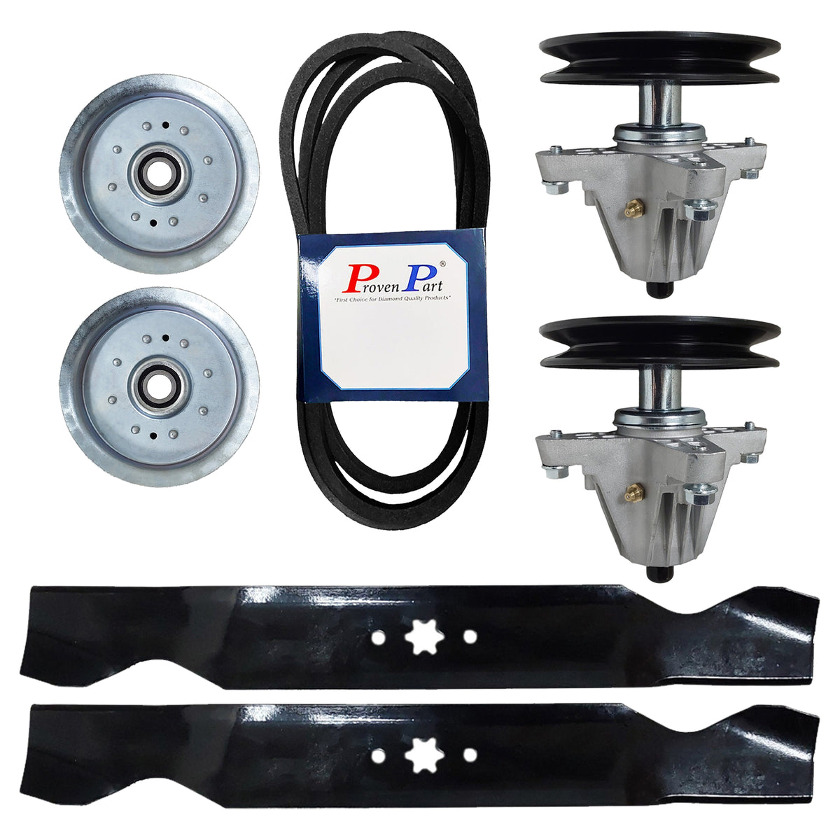 Lawn mower deck rebuild kit with belt, spindle assemblies, and two blades