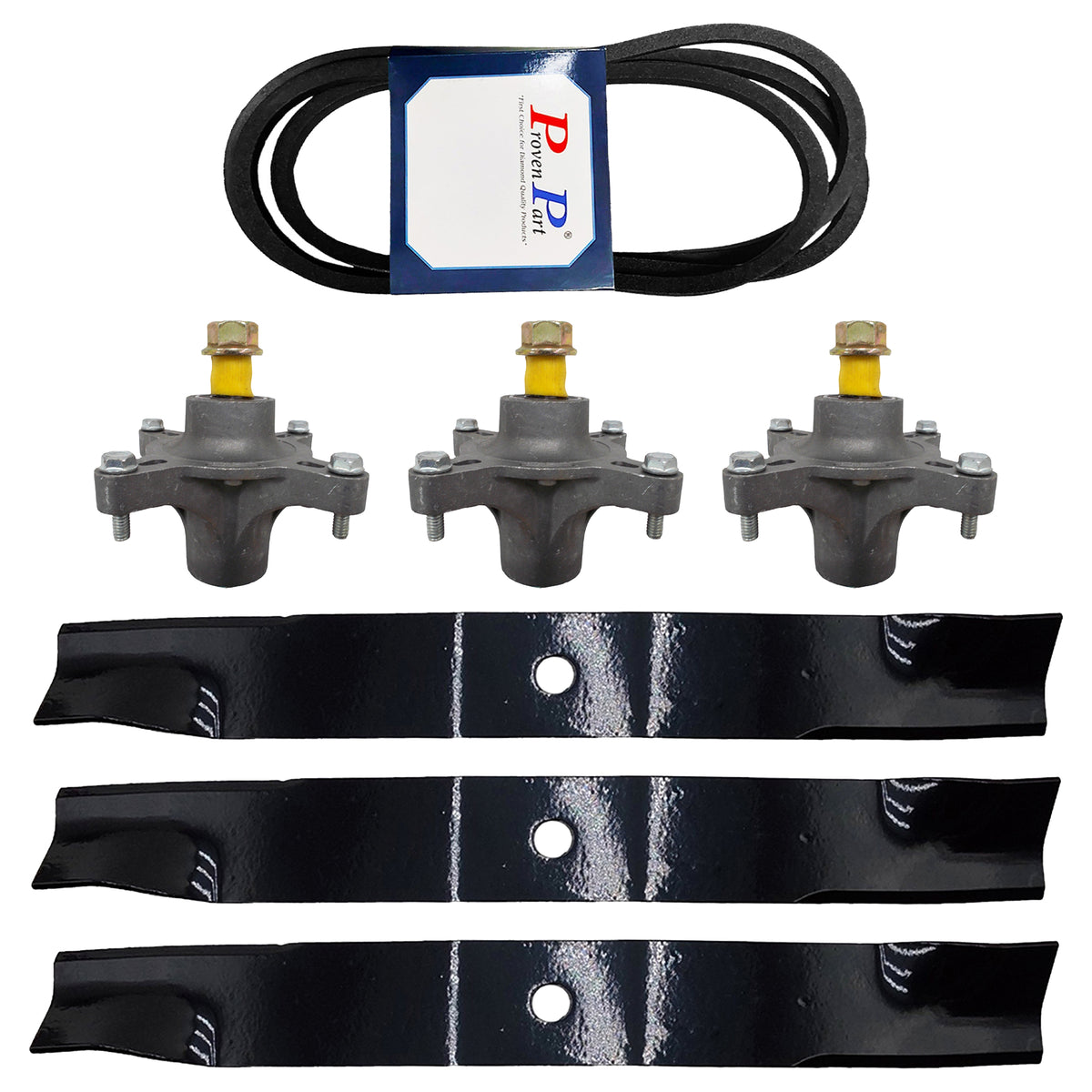 Mower deck rebuild kit with metal pulleys and black belts, includes blade brackets