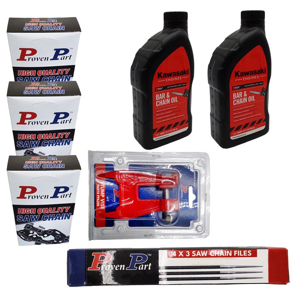 Proven Part 3-14" Chain 3610-005-0050Bar 3/8" LP .043" 50DL, 2 Qt Chain Bar Oil, Vise, (12)5/32" Files