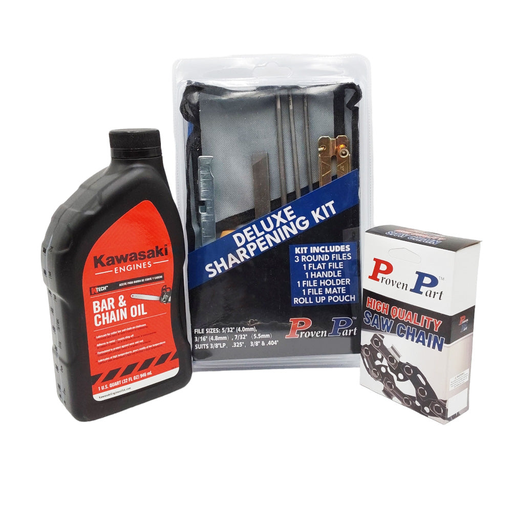 Pieza probada (1) Cadena de 24" 3/8 .050 80Dl 72Lgx80G 33Rsc-80 (1) Qt de aceite (1)Kit de afilado de lujo