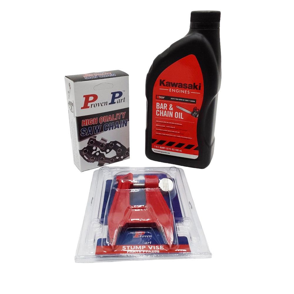 Proven Part 1-14" Chain 3610-005-0050 Bar 3/8" LP .043" 50DL, 1 Qt Chain Bar Oil, Stump Vise