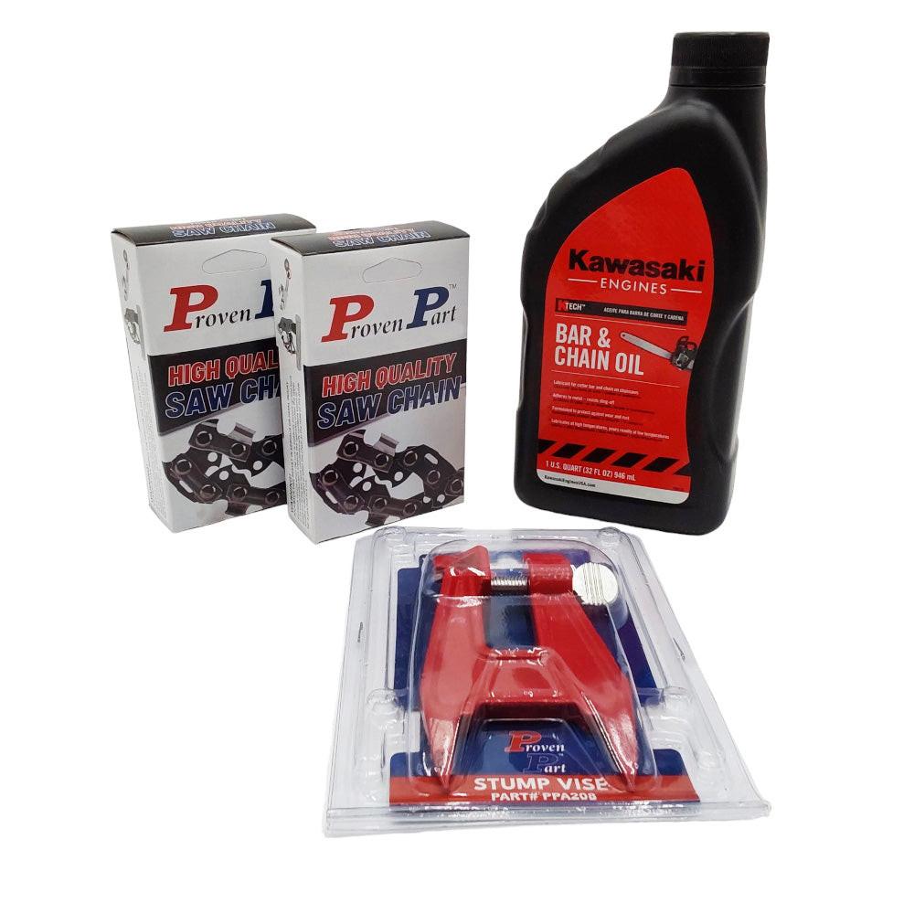 Proven Part (2)Full Chisel Chain For 18" Bar .325" Pitch .063" Gauge 68DL For Stihl 26RM368 (1) Qt Oil (1) Stump Vise