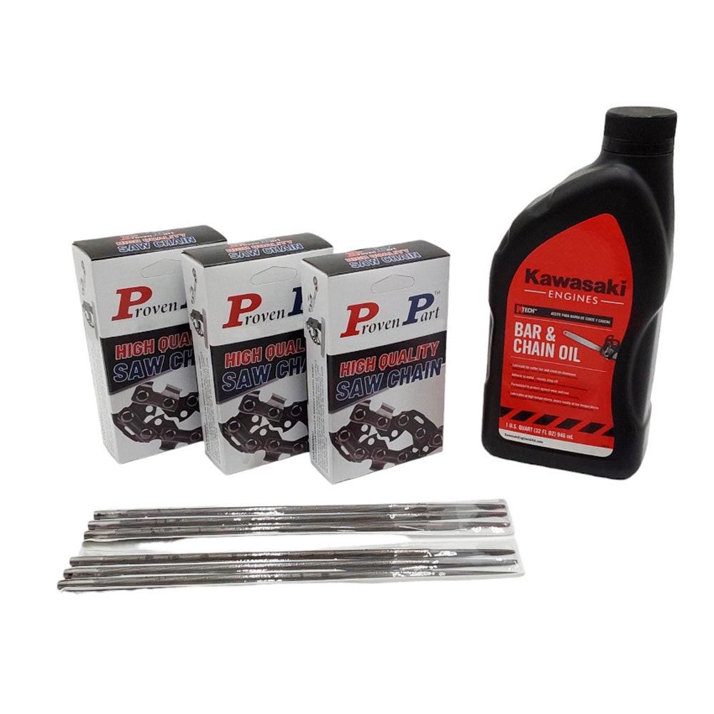 Proven Part 3-14" Full Chisel Chain Pitch 3/8" LP .043" G 50DL, 1 Qt Chain Bar Oil (6)5/32" Files
