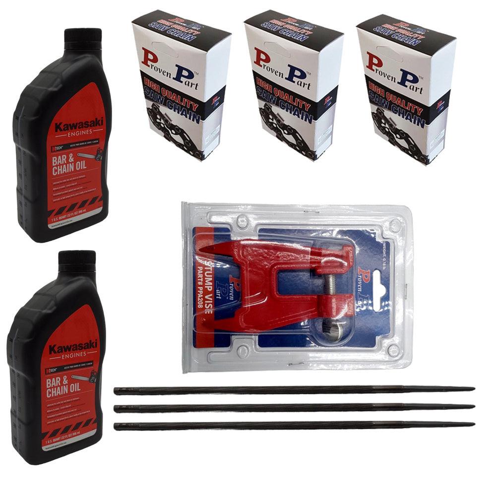 Pieza probada Cadena de 3-14" 3610-005-0050Bar 3/8Lp.043 50Dl, aceite para barra de cadena 2Qt, tornillo de banco,(3)limas de 5/32"