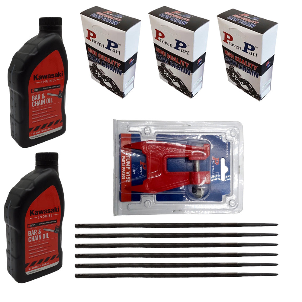 Pieza probada Cadena de 3-14" 3610-005-0050Bar 3/8Lp.043 50Dl, aceite para barra de cadena 2Qt, tornillo de banco,(6)limas de 5/32"