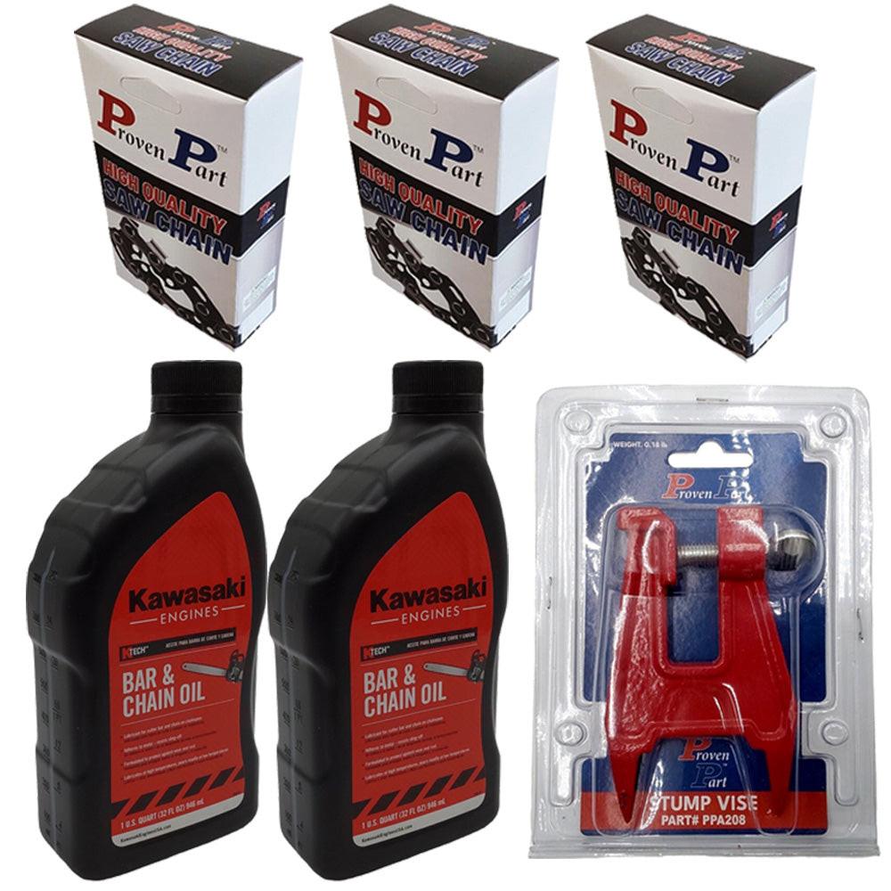 Proven Part 3-14" Full Chisel Chain Pitch 3/8" LP .043" G 50DL, 2 Qt Chain Bar Oil, Stump Vise