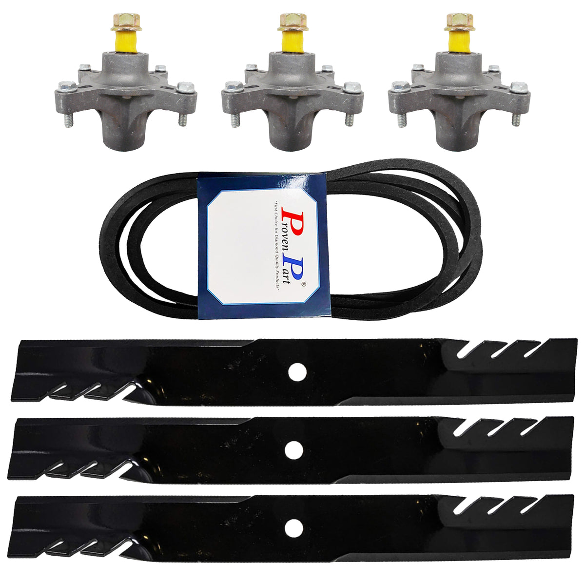 Mower deck rebuild kit with three black blades, deck belt, and three spindle assemblies.