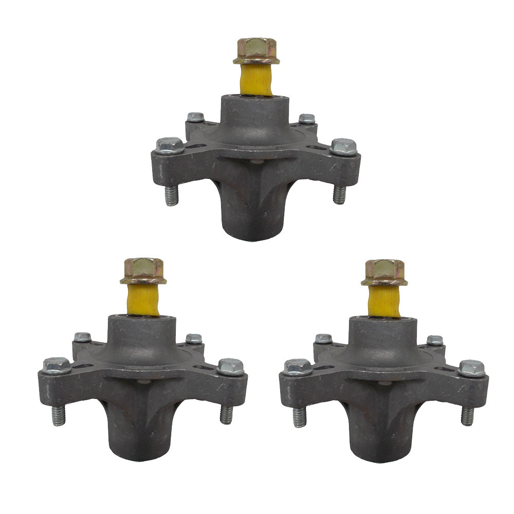 Three-pack spindle assemblies with gray bodies and yellow-top bolts.