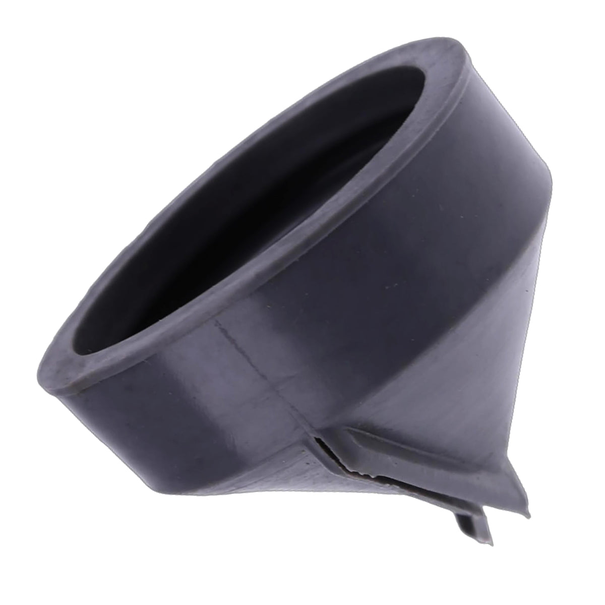 Dust ejector valve, dark plastic angled piece with central opening and snap tab