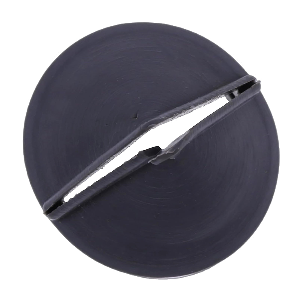 Dust ejector valve, dark plastic round plug with metal slot