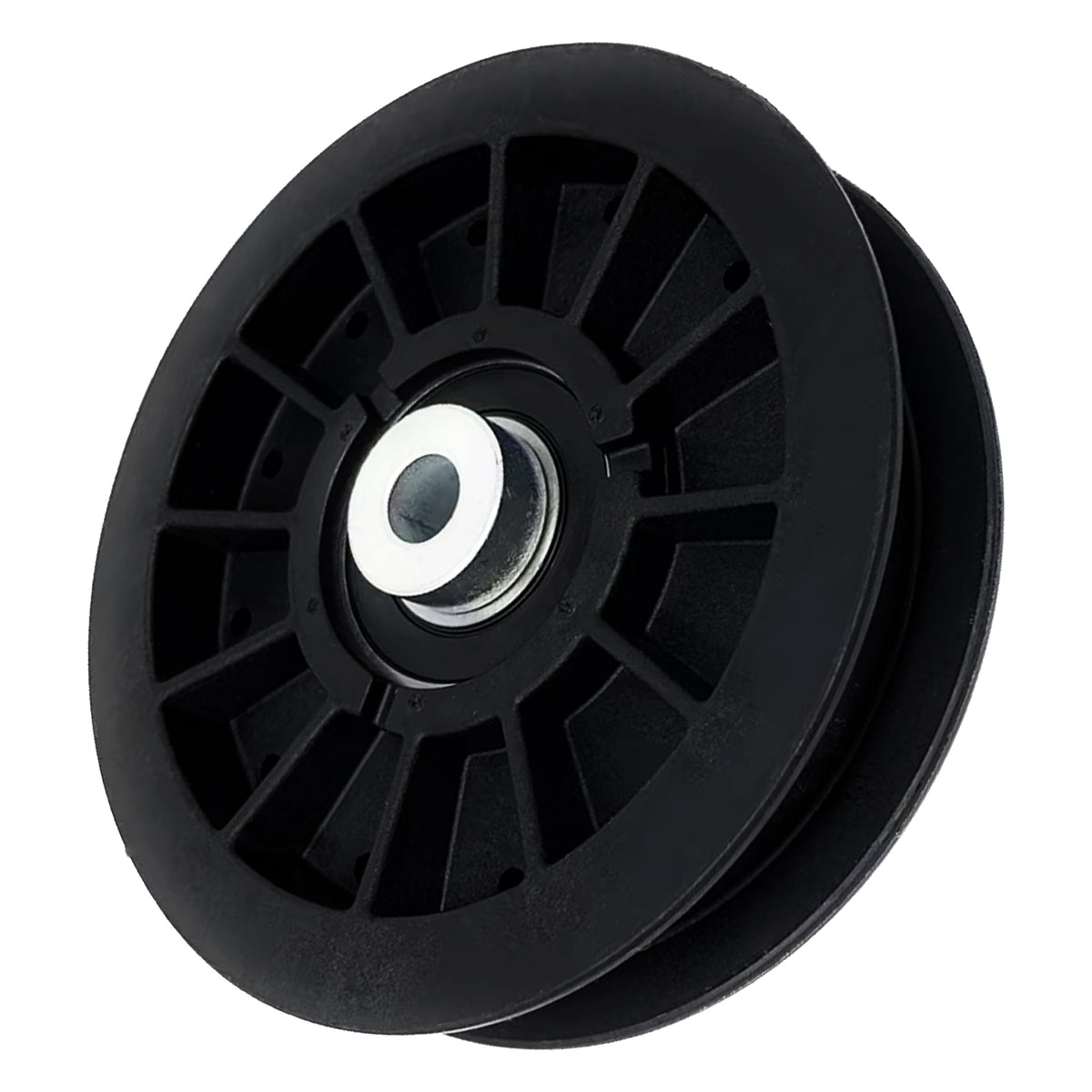 Heavy-duty flat tensioner pulley, black outer wheel with metal center bearing