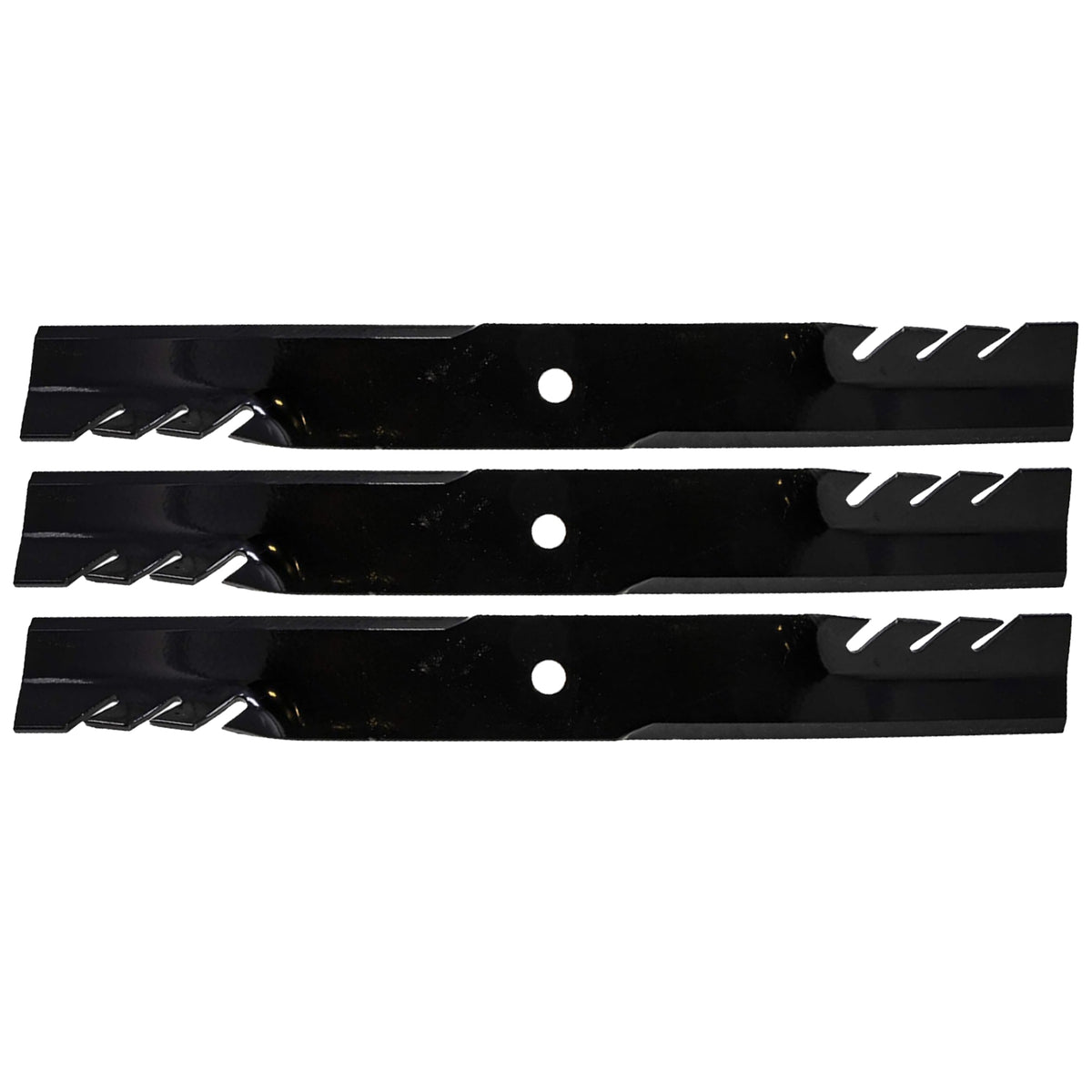 Set of three black mower blades with serrated edges and mounting holes.