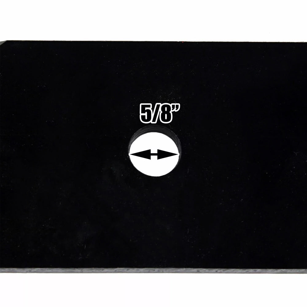 Mower blade deck pin hole size 5/8 in on black steel blade.