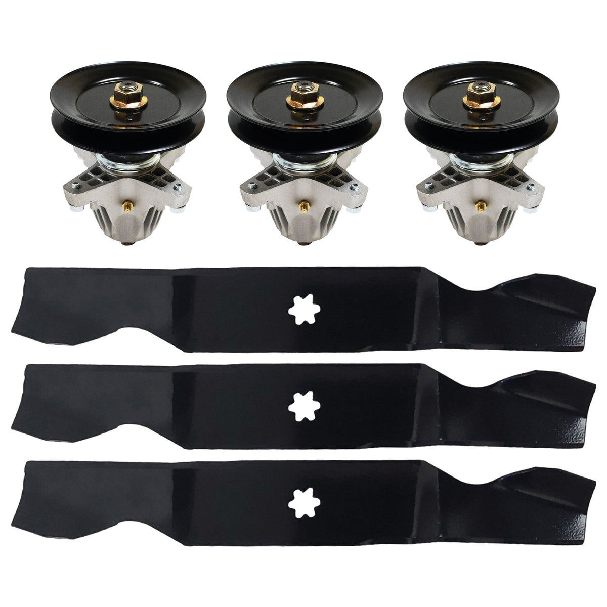 Mower deck spindle blade kit with three pulleys, brackets, and black mower blades