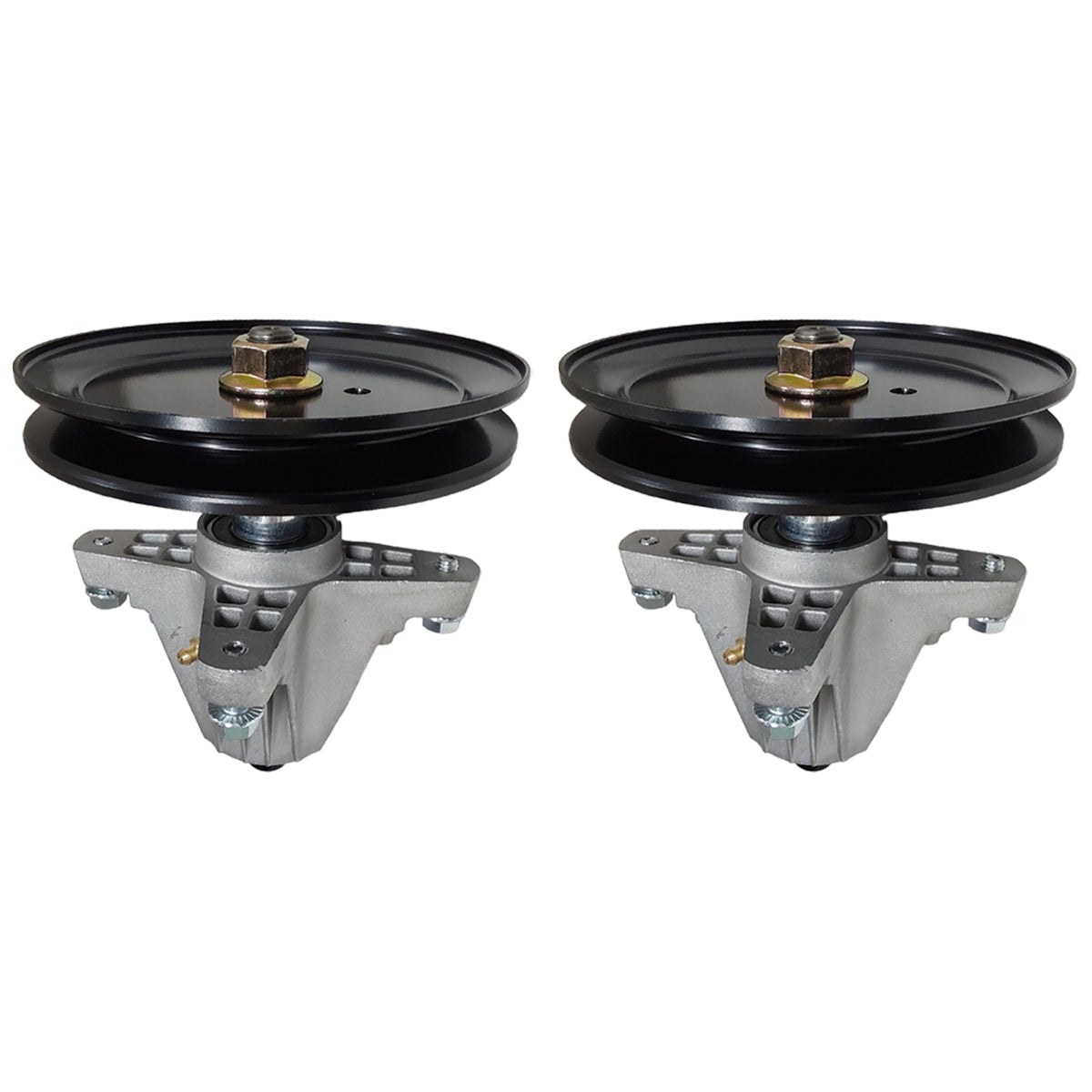Lawn mower deck pulley assembly set with two black belt pulleys and silver brackets