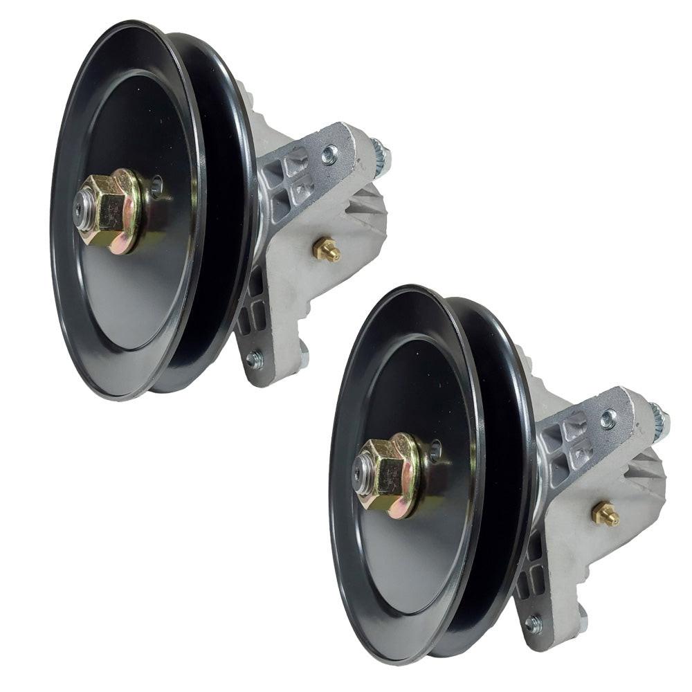 Pair of lawn mower spindle pulleys with silver brackets and hex fasteners