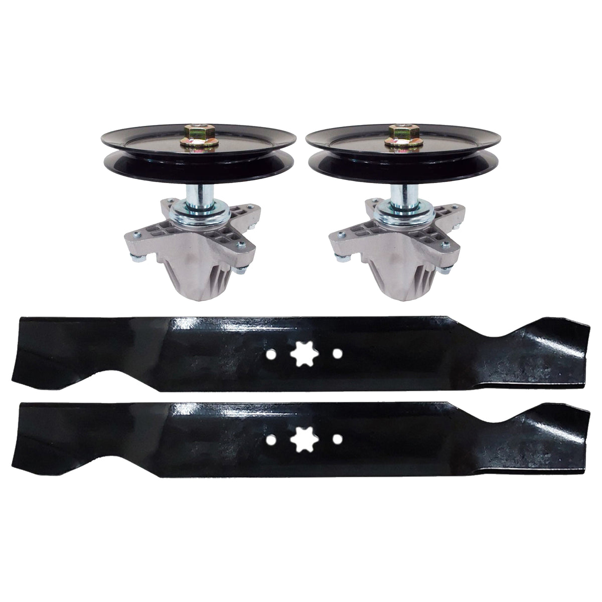 Spindle blade kit with two black blades and two spindle assemblies with pulleys