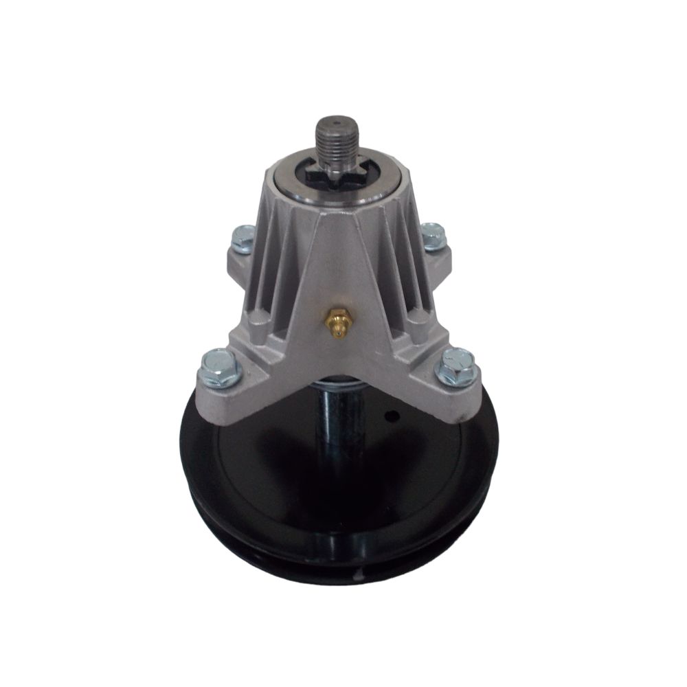 Spindle housing with threaded stud, gray fins, and black base