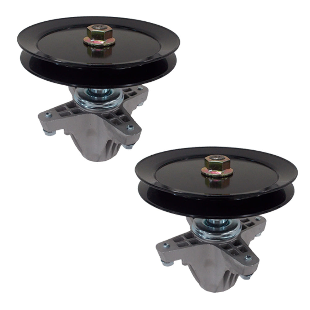Two zero-turn spindle assemblies with black pulleys and gray supports