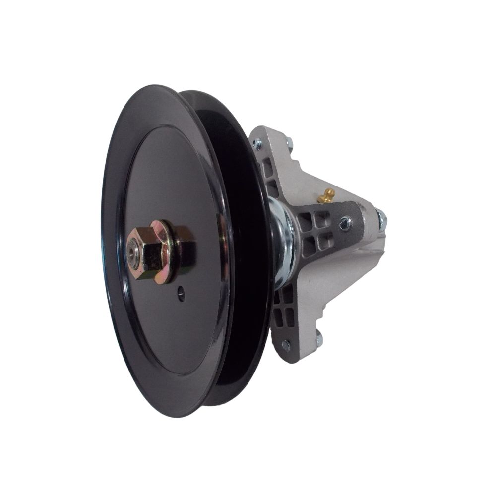 Zero-turn spindle assembly with black pulley and gray mounting bracket