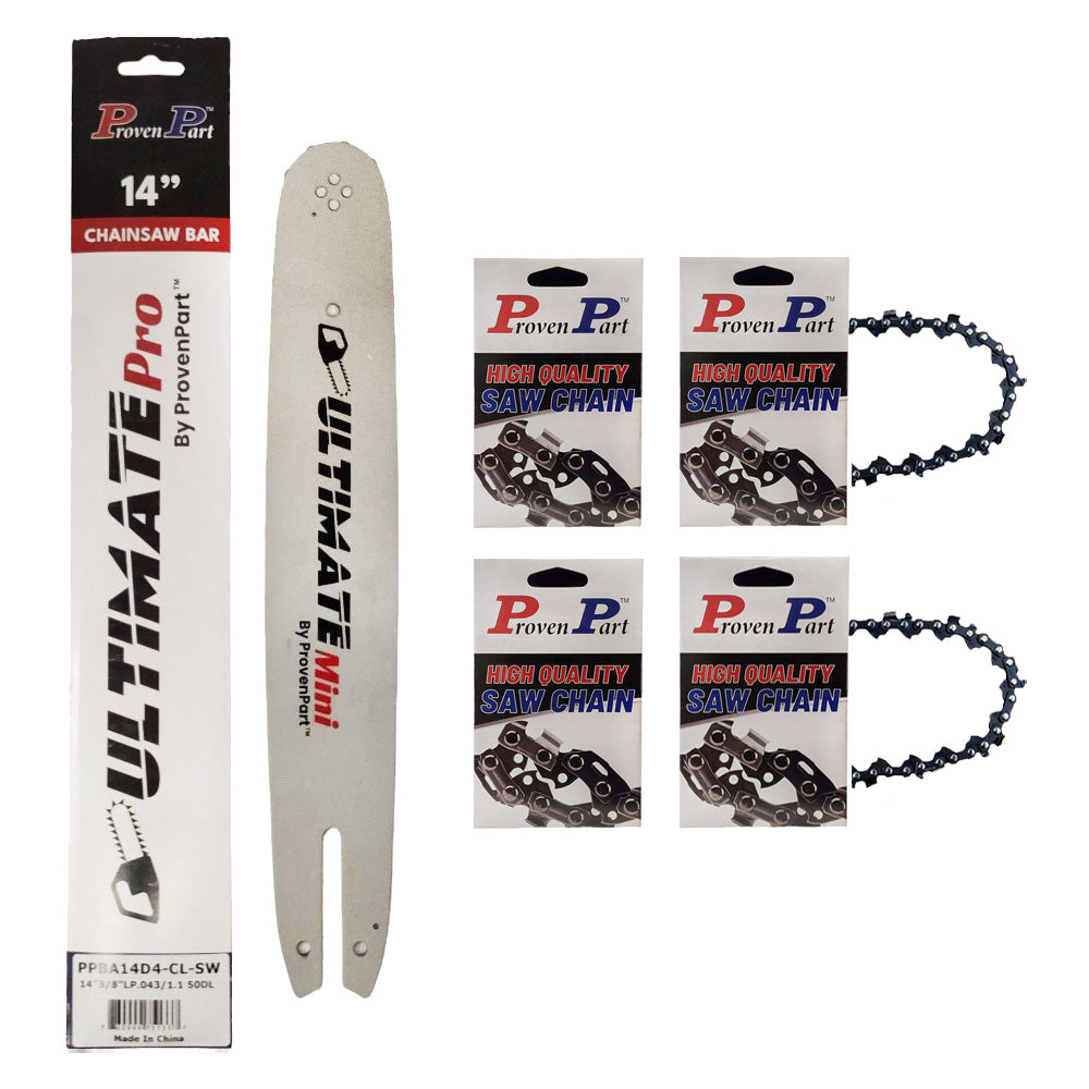 Proven Part 14" Chainsaw Bar And 4 Semi Chisel Chain Combo 3/8" LP 043 50DL Fits Stihl MS190, MS191T, MS192T