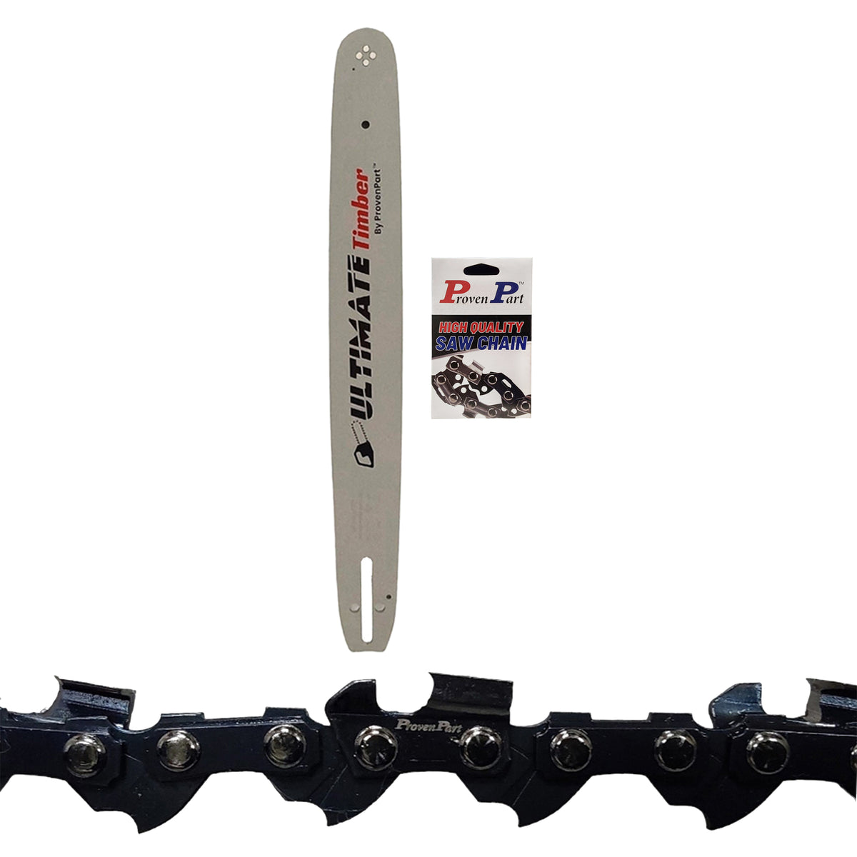 Proven Part chainsaw bar with full chisel chain links and sprocket mount