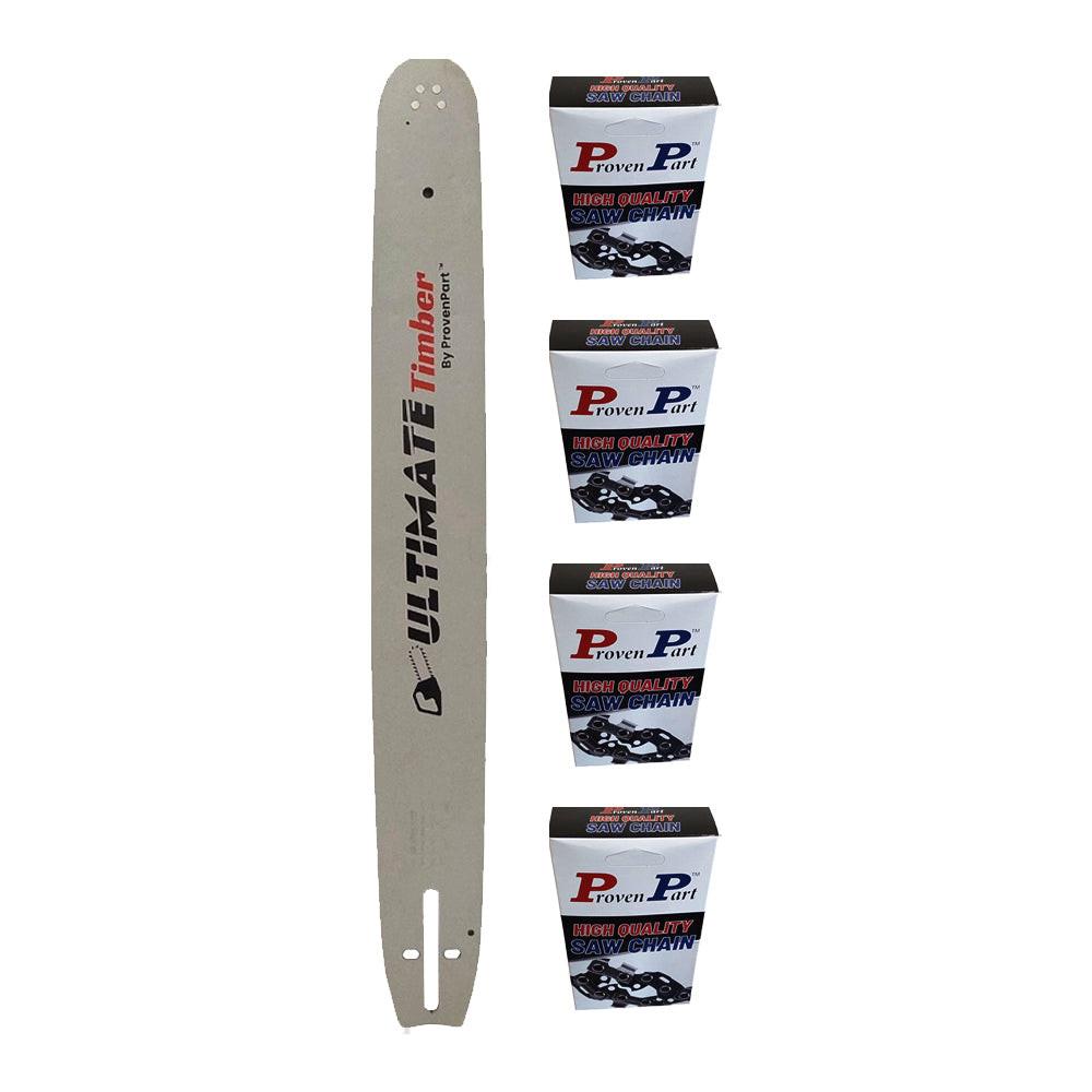 Proven Part 20" Chainsaw Guide Bar And 4 Pack Semi Chisel Chain Combo  3/8" .050" 72DL