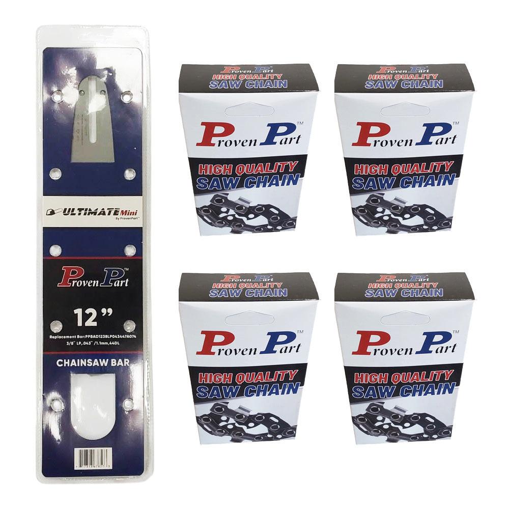 Proven Part 12" Guide Bar And 4 Pack Semi Chisel Chain 3/8"LP .043" 44DL Fits Stihl 3005 000 3905