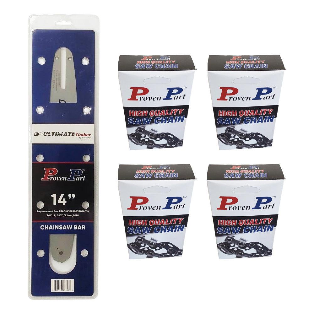 Proven Part 14" Guide Bar And 4 Pack Full Chisel Chain 3/8"LP .043" 50DL Fits Stihl 3005 000 3909