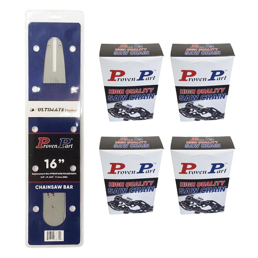 Proven Part 16" Guide Bar And 4 Pack Semi Chisel Chain Combo 3/8"LP .043" 55DL Fits Stihl 3005 003 3913