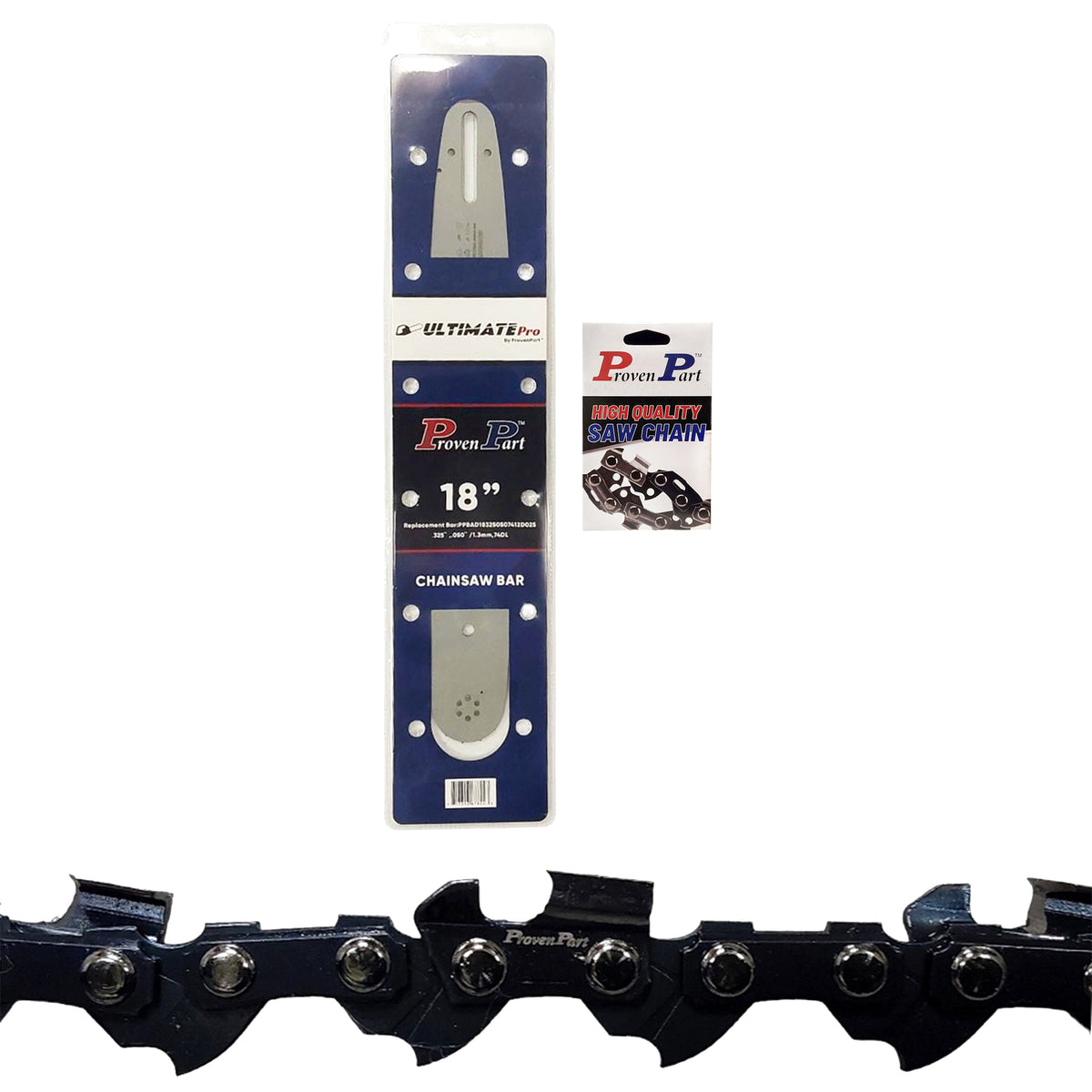 18-inch chainsaw guide bar blister pack with Proven Part saw chain card