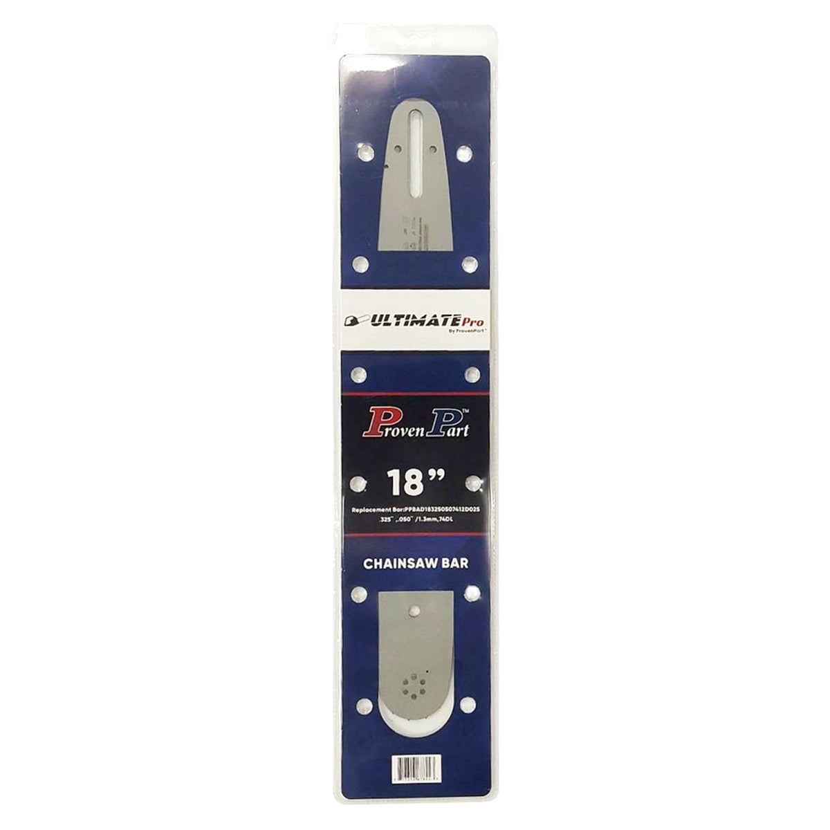 18-inch chainsaw guide bar with sprocket nose, in blue blister packaging