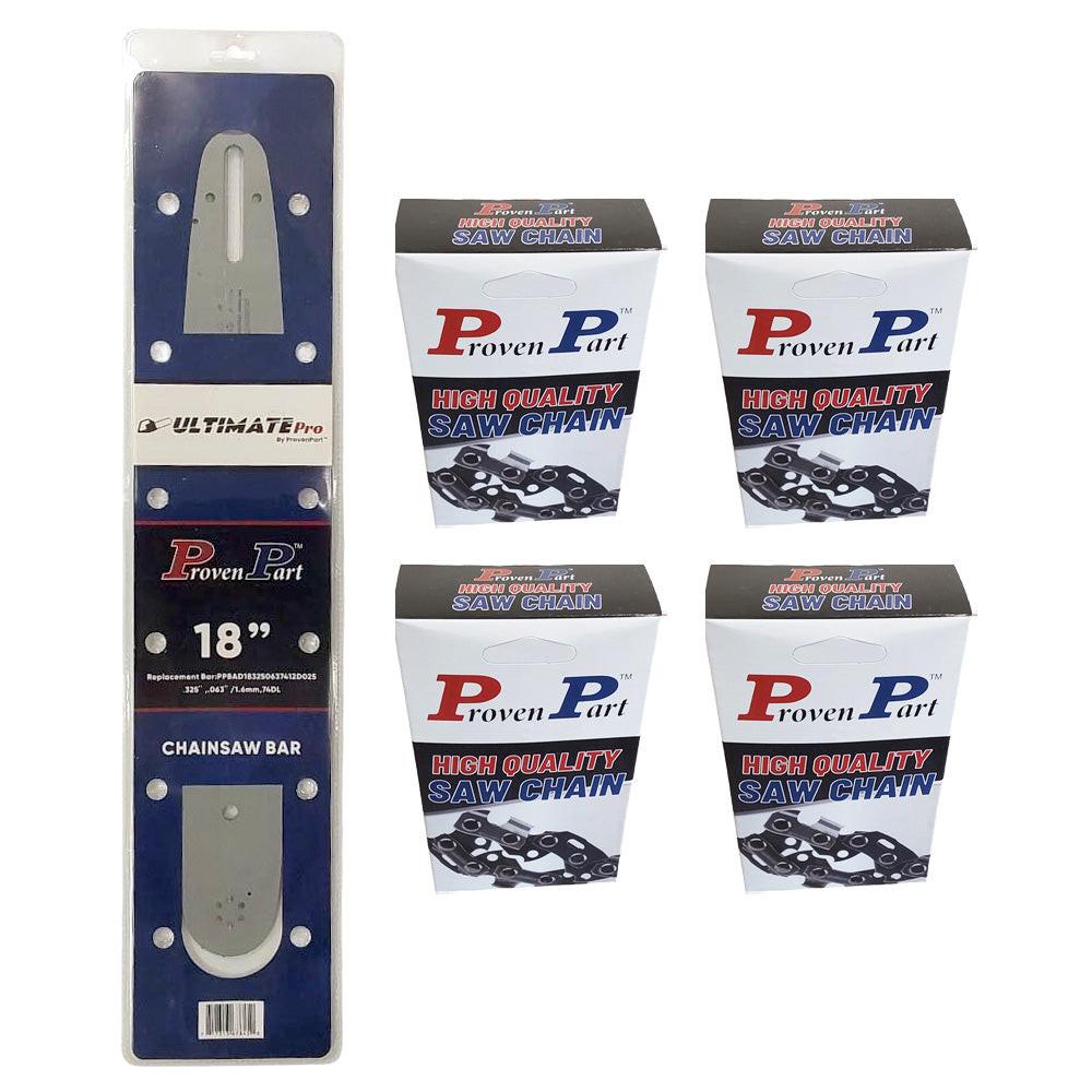 Proven Part 18" Guide Bar And 4 Pack Full Chisel Chain .325" .063" 74DL Fits Stihl 3003 008 6817