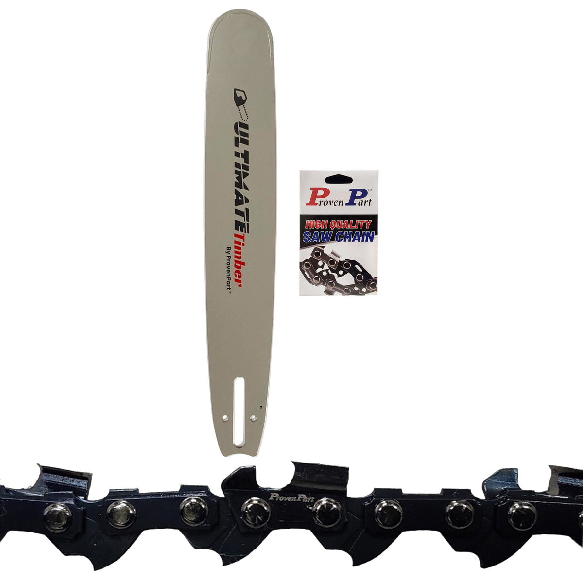 20-inch chainsaw guide bar with black saw chain, close side view
