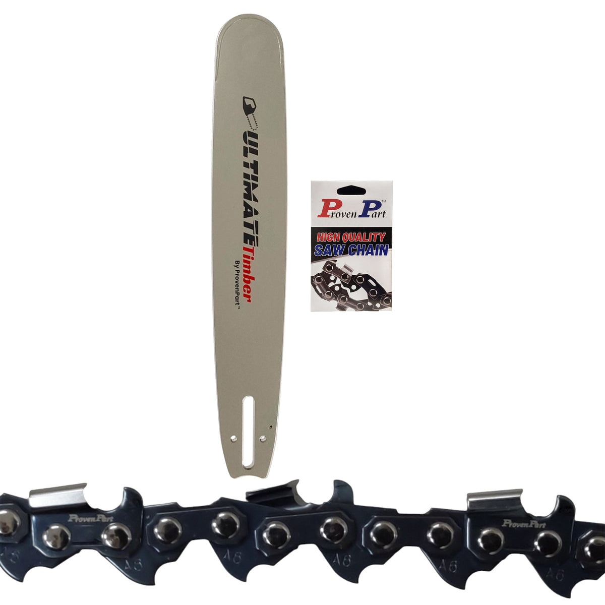Chainsaw guide bar and black saw chain, with Proven Part packaging card
