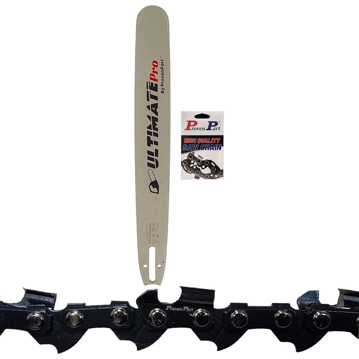 20-inch chainsaw guide bar with Proven Part card and black saw chain