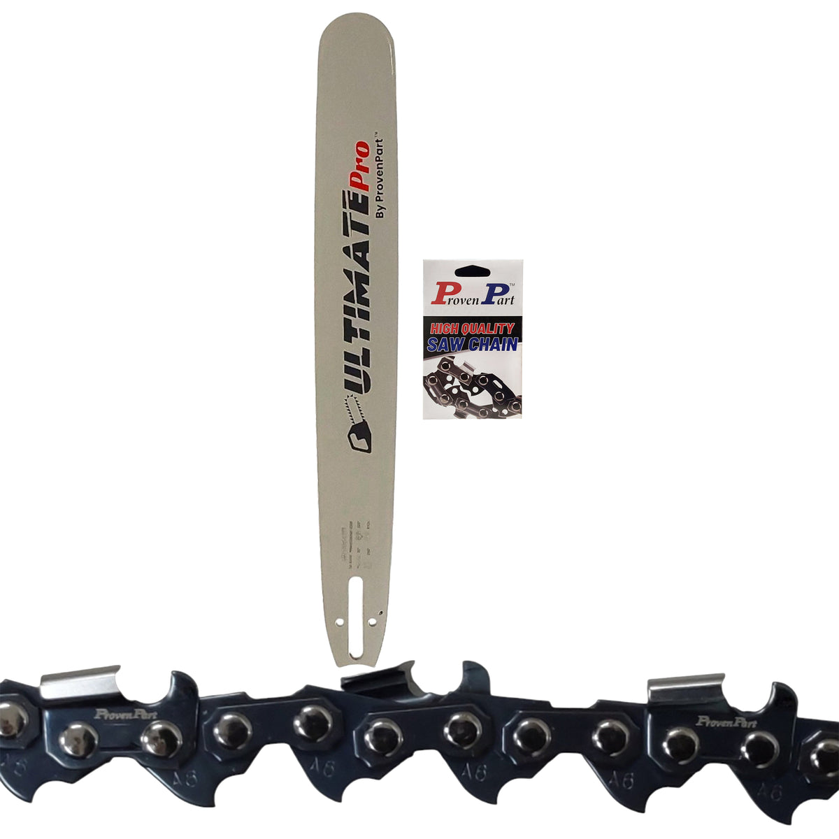 20-inch chainsaw guide bar, gray bar with Proven Part label and card