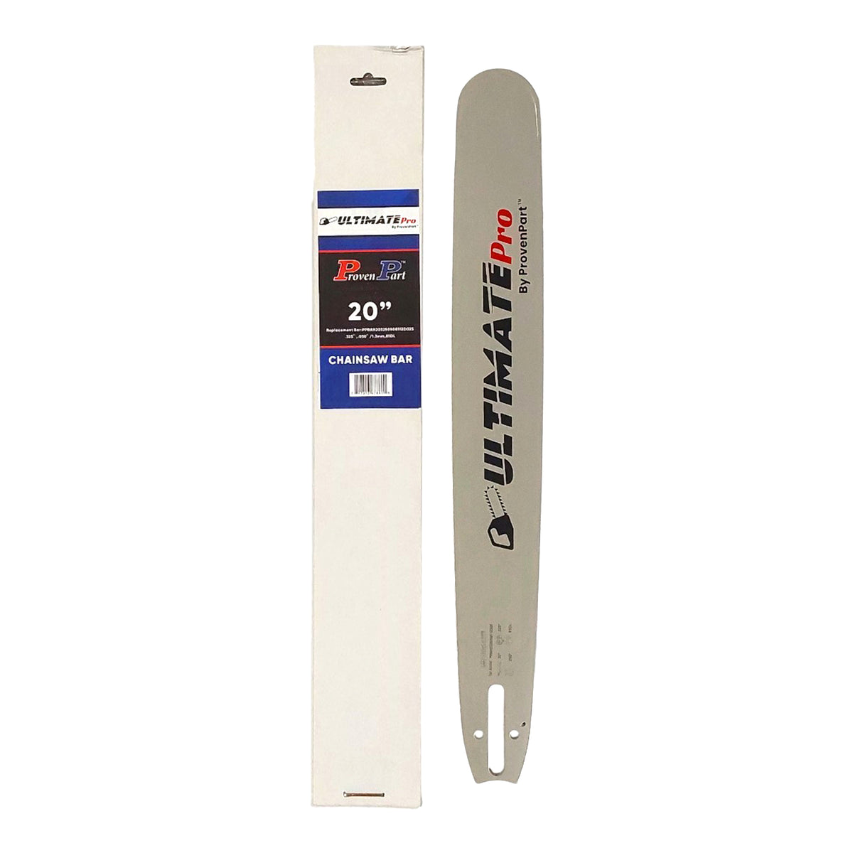 20-inch chainsaw guide bar with chain, shown with retail box sleeve