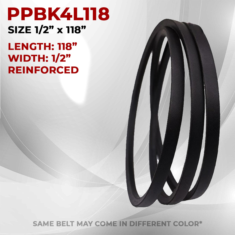 Reinforced black mower deck drive belt, 1/2 in wide, 118 in length
