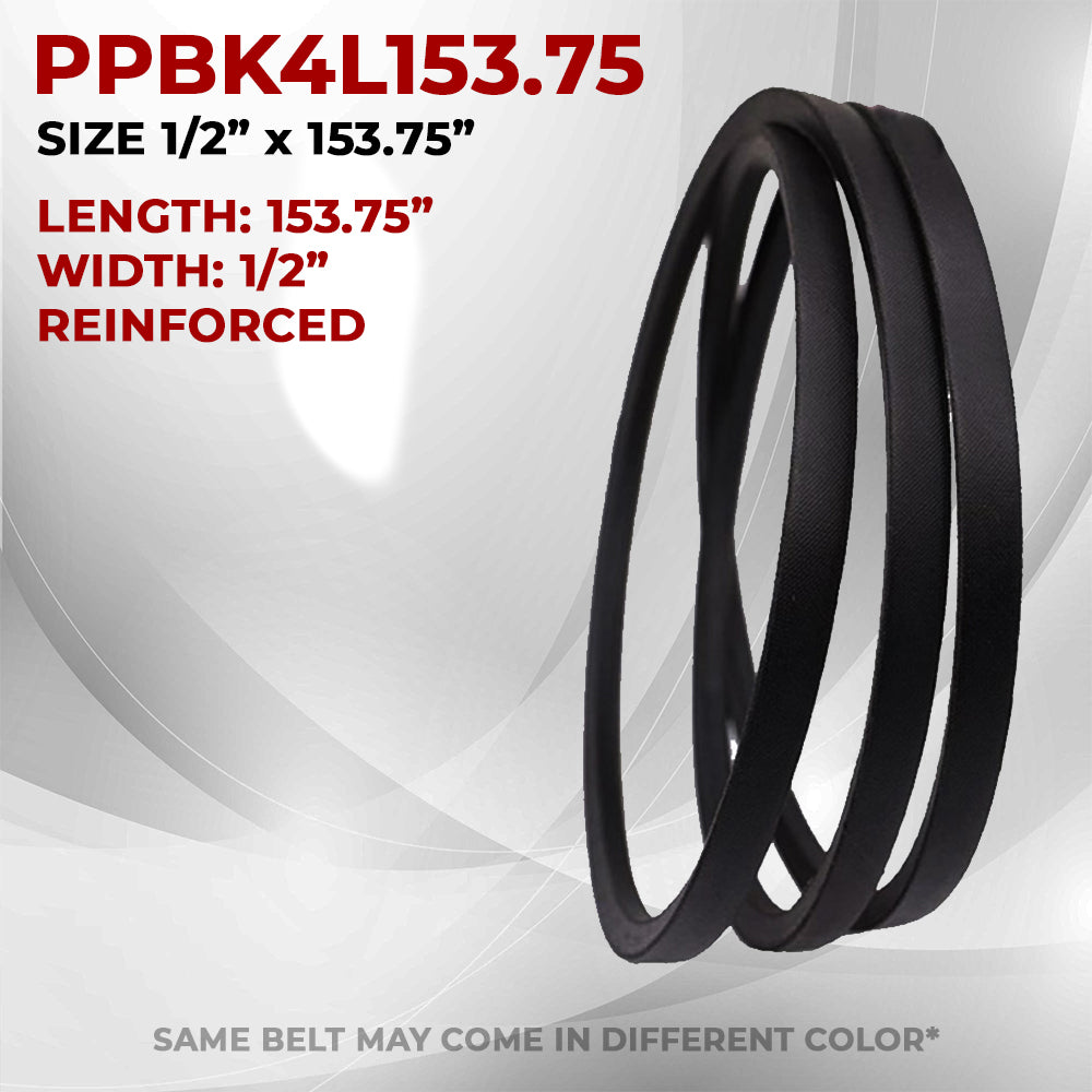 Reinforced black drive belt, 1/2 in width and 153.75 in length.