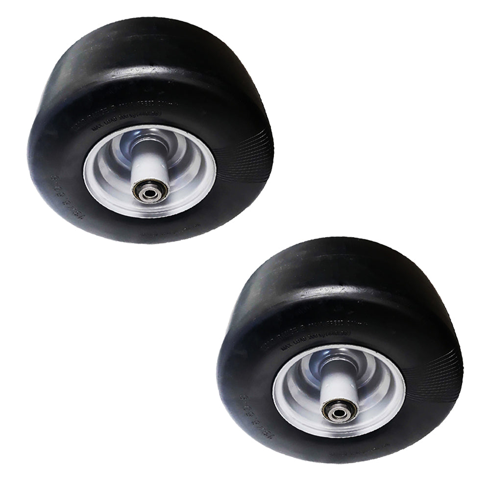 Pair of 13x6.5-6 no-flat tire wheels, black rubber with metal hubs