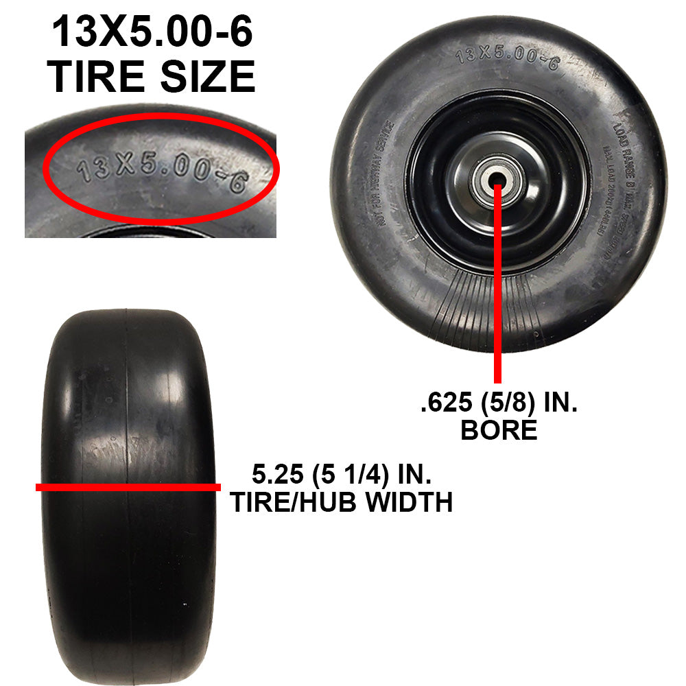 13X5-6 Black Rim Solid Smooth Puncture Proof No-Flat Tires Fit 72460039 Includers Axle Bolt Dust Coversand BearingS Replace 77410035